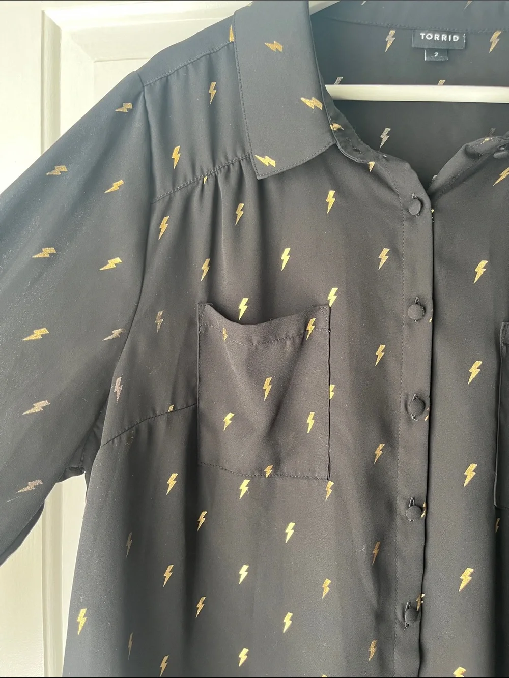 Torrid Black Long Sleeve Blouse with Gold Lightning Bolt Metallic Print